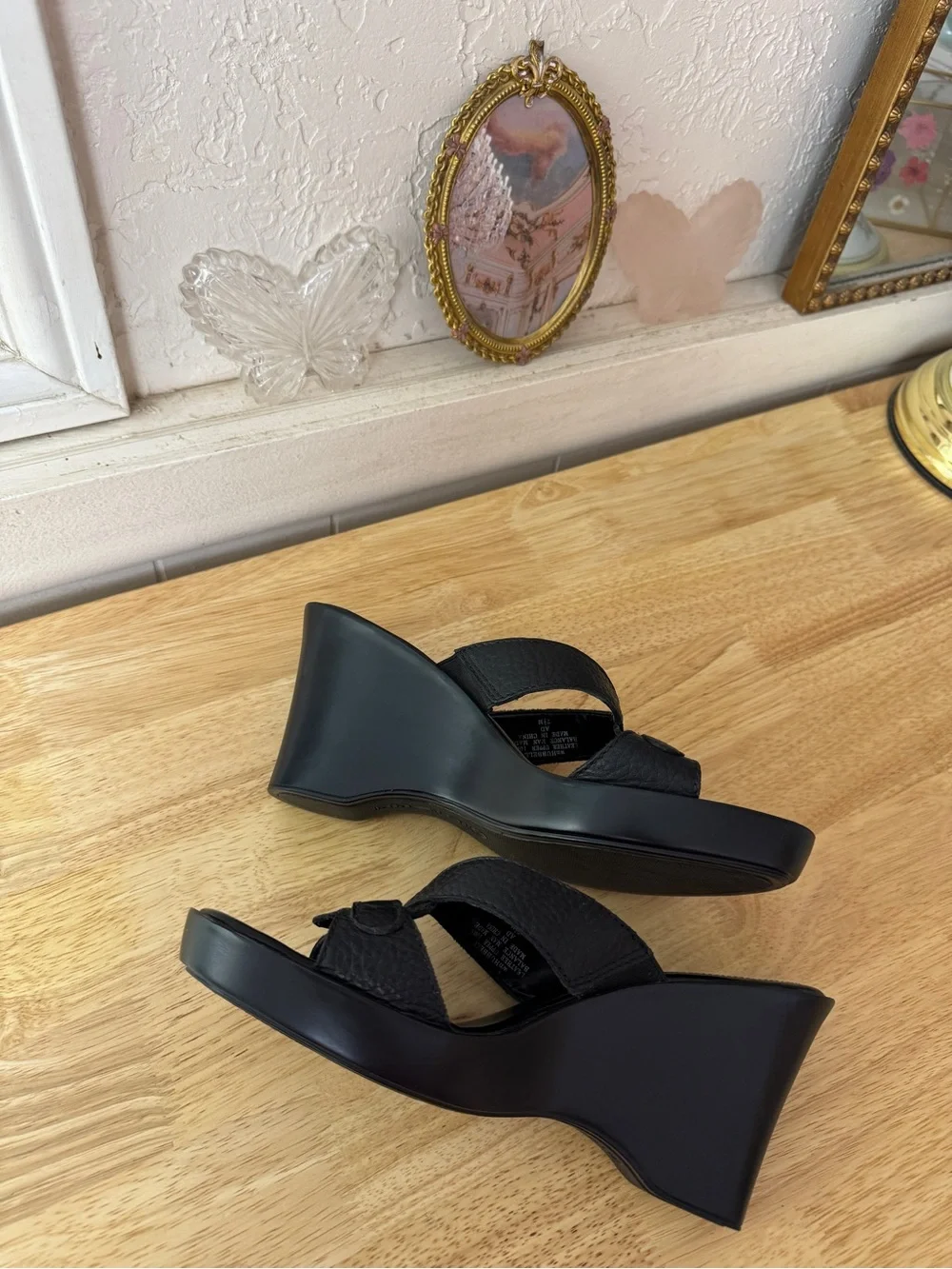 Nine West Black Leather Platform Wedge Slide Sandals Size 7.5 Y2K Minimalist